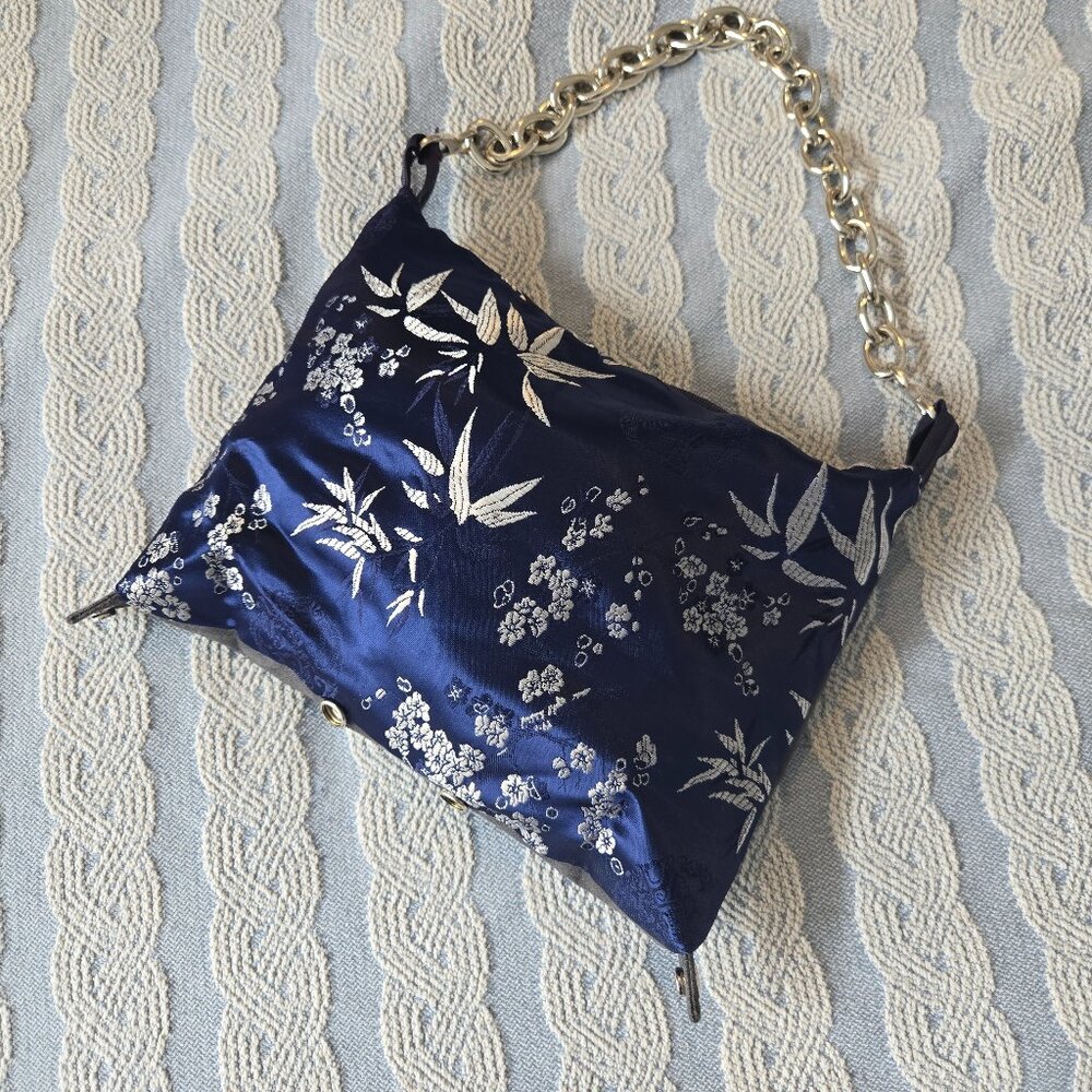Handcrafted Blue & Silver Silk + Dark Grey Suede Backed 8" x 10" lined handbag